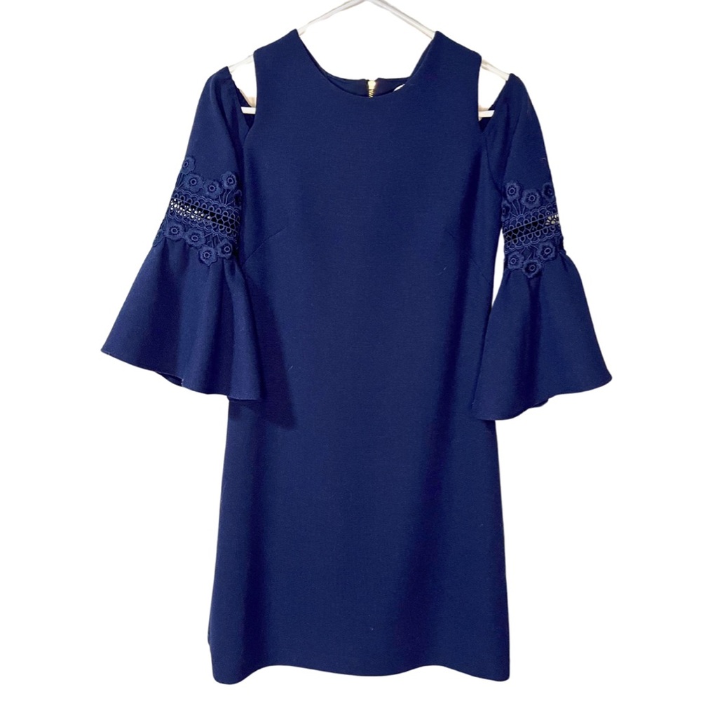 Eliza J Applique Crepe Dress Womens 4 Navy Blue Mini Cold Shoulder Lace Lined